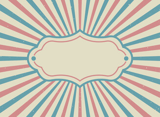 Sunlight retro ray background with vintage frame for text. Red and beige color burst background.