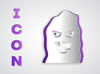 Paper cut Funny and scary ghost mask for Halloween icon isolated on grey background. Happy Halloween party. Paper art style. Vector