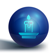 Blue Burning candle icon isolated on white background. Cylindrical aromatic candle stick with burning flame. Happy Halloween party. Blue circle button. Vector