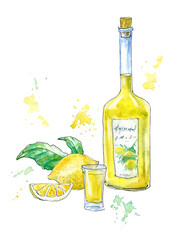 Bottle of limoncello,lemon and glasses.Picture of a alcoholic drink.Watercolor hand drawn illustration.