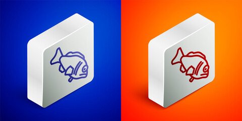 Isometric line Fish icon isolated on blue and orange background. Silver square button. Vector