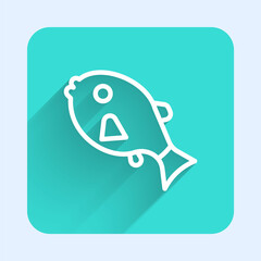White line Tropical fish icon isolated with long shadow. Exotic fish. Green square button. Vector