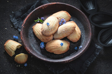 Classic Madeleine cookies baked in fluted tin. Small french snack.