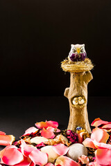 Photograph of a lucky owl on a wooden trunk surrounded by flower petals. The photograph has a space to embed the text of your choice.Photo taken on a black background and in vertical format.