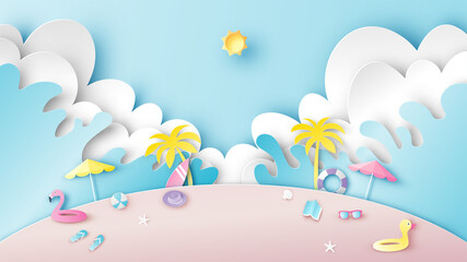 Illustration of Summer sea scenery with beach equipment on sand beach and sea water splashing. Sea landscape. Summer time. Paper cut and craft style. vector, illustration.