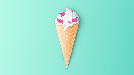 Ice cream cone topping with flowers and leaves. Spring ice cream cone. Spring season. paper cut and craft style. vector, illustration.