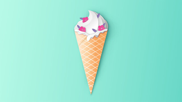 Ice cream cone topping with flowers and leaves. Spring ice cream cone. Spring season. paper cut and craft style. vector, illustration.