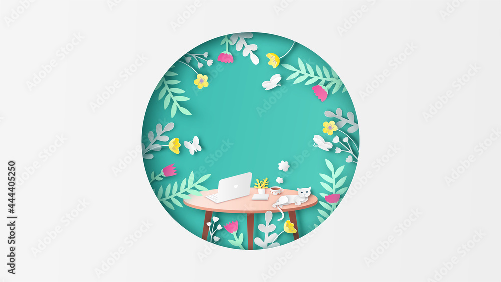 Poster spring workspace with notebook, book, coffee cup and cat on the top brown table in circle frame with