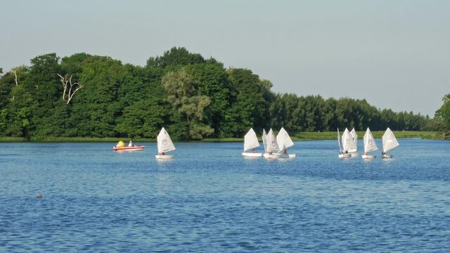 Group Of Sailors Cruising  With Optimist Dinghy At The Lake In Kolbudy Village In Gdansk County, Poland. wide shot
