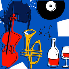 Musical promotional poster with musical instruments vector. Violoncello, piano, trumpet, lp record disc with bottle and glass for live concerts, events, celebrations and fun, club and party flyer