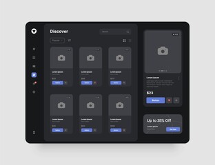 Concept app interface for online store, hotel booking or social media. Dashboard design in dark colors with UI and UX elements.