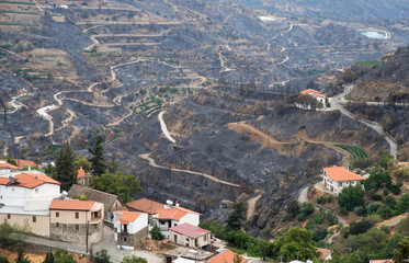Fototapeta na wymiar Mountain fire with burned land and disaster on agriculture. Odou Village Cyprus. Environmental disaster