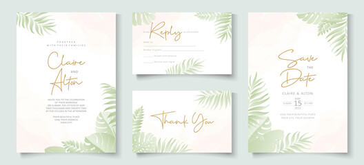 Fototapeta na wymiar Wedding invitation template with tropical palm leaf design