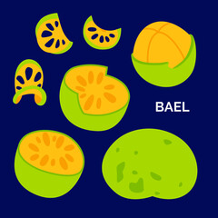 Bael fruit logo. Vector doodle illustration of set icons isolated on a dark background. Exotic fruit