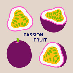 Icon set of tropical Passion fruit. Collection of exotic Passiflora fruit. Vector doodle illustration isolated on the grey background