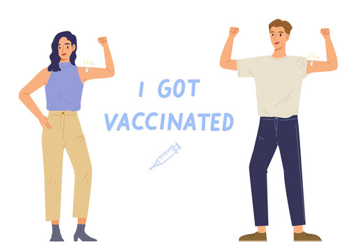 Young adult got Covid-19 vaccinated. Coronavirus vaccine. Concept of vaccination, herd immunity, virus epidemic prevention, injection, health care. Flat vector illustration character.