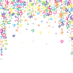 Falling letters of English language. Colorful messy sketch flying words of Latin alphabet. Foreign languages study concept. Breathtaking back to school banner on white background.