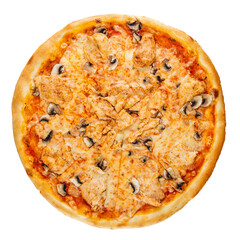 Isolated baked pizza with mushrooms on white background