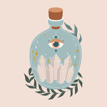 Magic bottle. Vintage potion. Witchcraft art. Flat vector illustration in pastel colors. 