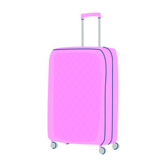 Flat vector cartoon illustration of a large pink suitcase on wheels of an isolated design on a white background.