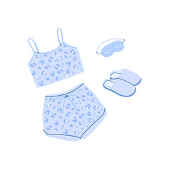 A flat vector cartoon set consisting of women's leopard print pajamas, a sleep mask and cute slippers. Isolated design on a white background.