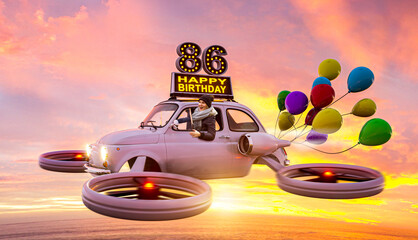 86 Jahre – Geburtstagskarte mit fliegendem Auto