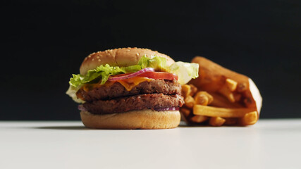 Fast food Sandwich Hamburger Table Background Slicing boar Black Potato