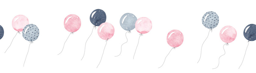 Horizontaler Rahmen mit süßen Luftballons. Rosa, graue und schwarze Luftballons. Aquarell-Illustration. Süße Grenze. © bukhavets