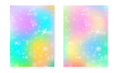 Rainbow background with kawaii princess gradient. Magic unicorn hologram.