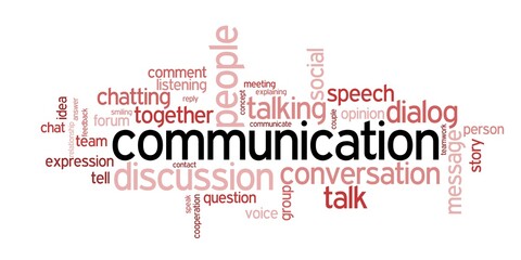 Obraz premium Wordcloud with the word COMMUNICATION and other tags expressing the conversation between people
