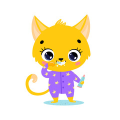 flat doodle cute cartoon baby cat brushing teeth. Animals brush their teeth.