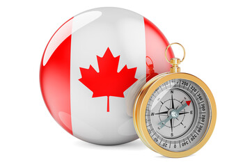 Compass with Canadian flag. Travel and tourism in Canada concept. 3D rendering