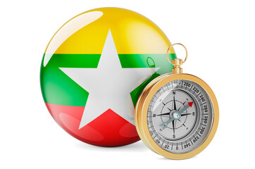 Compass with Myanmar flag. Travel and tourism in Myanmar concept. 3D rendering
