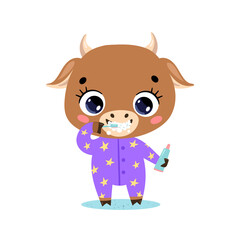 Vector flat doodle cute cartoon baby cow bull brushing teeth. Animals brush their teeth.