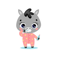 Vector flat doodle cute cartoon baby donkey brushing teeth. Animals brush their teeth.
