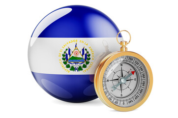 Compass with Salvadoran flag. Travel and tourism in El Salvador concept. 3D rendering