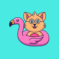 Cute cat With flamingo buoy. Animal cartoon concept isolated. Can used for t-shirt, greeting card, invitation card or mascot. Flat Cartoon Style