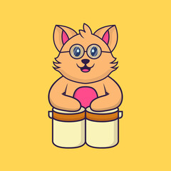 Cute cat is playing drums. Animal cartoon concept isolated. Can used for t-shirt, greeting card, invitation card or mascot. Flat Cartoon Style