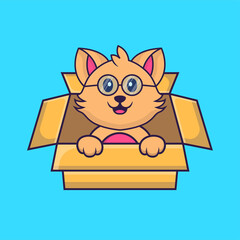 Cute cat Playing In Box. Animal cartoon concept isolated. Can used for t-shirt, greeting card, invitation card or mascot. Flat Cartoon Style