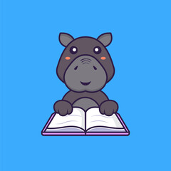 Cute hippopotamus reading a book. Animal cartoon concept isolated. Can used for t-shirt, greeting card, invitation card or mascot. Flat Cartoon Style