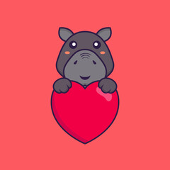 Cute hippopotamus holding a big red heart. Animal cartoon concept isolated. Can used for t-shirt, greeting card, invitation card or mascot. Flat Cartoon Style
