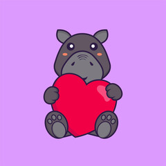 Cute hippopotamus holding a big red heart. Animal cartoon concept isolated. Can used for t-shirt, greeting card, invitation card or mascot. Flat Cartoon Style