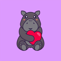 Cute hippopotamus holding a big red heart. Animal cartoon concept isolated. Can used for t-shirt, greeting card, invitation card or mascot. Flat Cartoon Style
