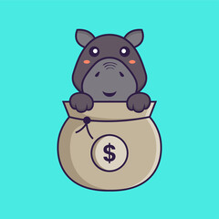 Naklejka premium Cute hippopotamus playing in money bag. Animal cartoon concept isolated. Can used for t-shirt, greeting card, invitation card or mascot. Flat Cartoon Style
