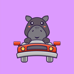 Cute hippopotamus is driving. Animal cartoon concept isolated. Can used for t-shirt, greeting card, invitation card or mascot. Flat Cartoon Style