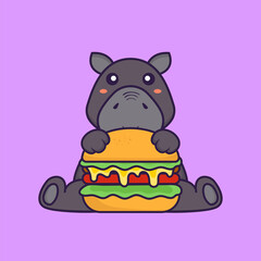 Cute hippopotamus eating burger. Animal cartoon concept isolated. Can used for t-shirt, greeting card, invitation card or mascot. Flat Cartoon Style
