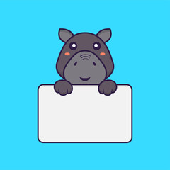 Cute hippopotamus holding whiteboard. Animal cartoon concept isolated. Can used for t-shirt, greeting card, invitation card or mascot. Flat Cartoon Style