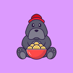 Cute dog eating ramen noodles. Animal cartoon concept isolated. Can used for t-shirt, greeting card, invitation card or mascot. Flat Cartoon Style