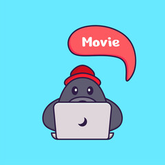 Cute dog is watching a movie. Animal cartoon concept isolated. Can used for t-shirt, greeting card, invitation card or mascot. Flat Cartoon Style