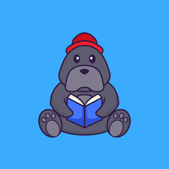 Cute dog reading a book. Animal cartoon concept isolated. Can used for t-shirt, greeting card, invitation card or mascot. Flat Cartoon Style